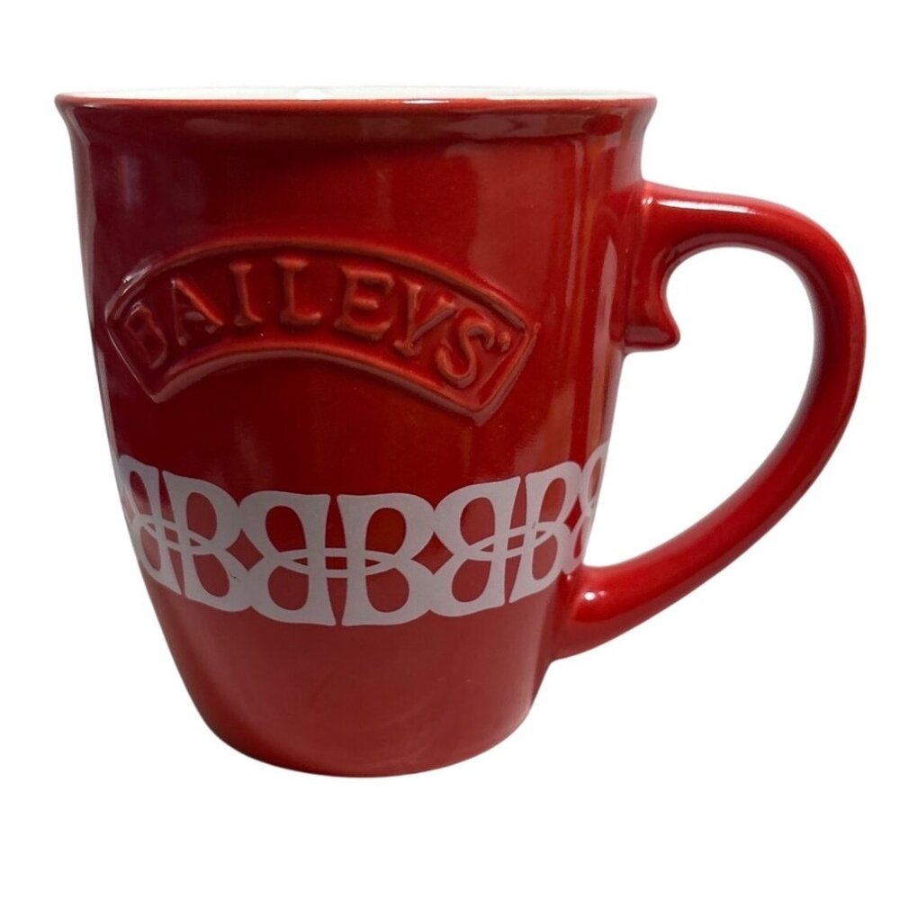 Baileys Irish Cream Mug Ceramic Red Embossed Logo Decorative White Pattern 4"